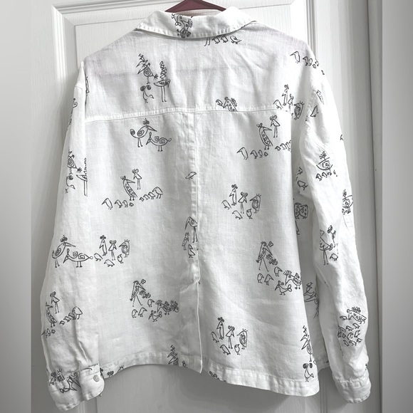 Chico’s Long Sleeve Chicks & Birds Boxy Button Up White Linen Shirt Black Birds - Picture 7 of 7